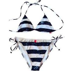 Y2K 2000s Style Victorias Secret Navy & White Striped Sequin Bikini Set